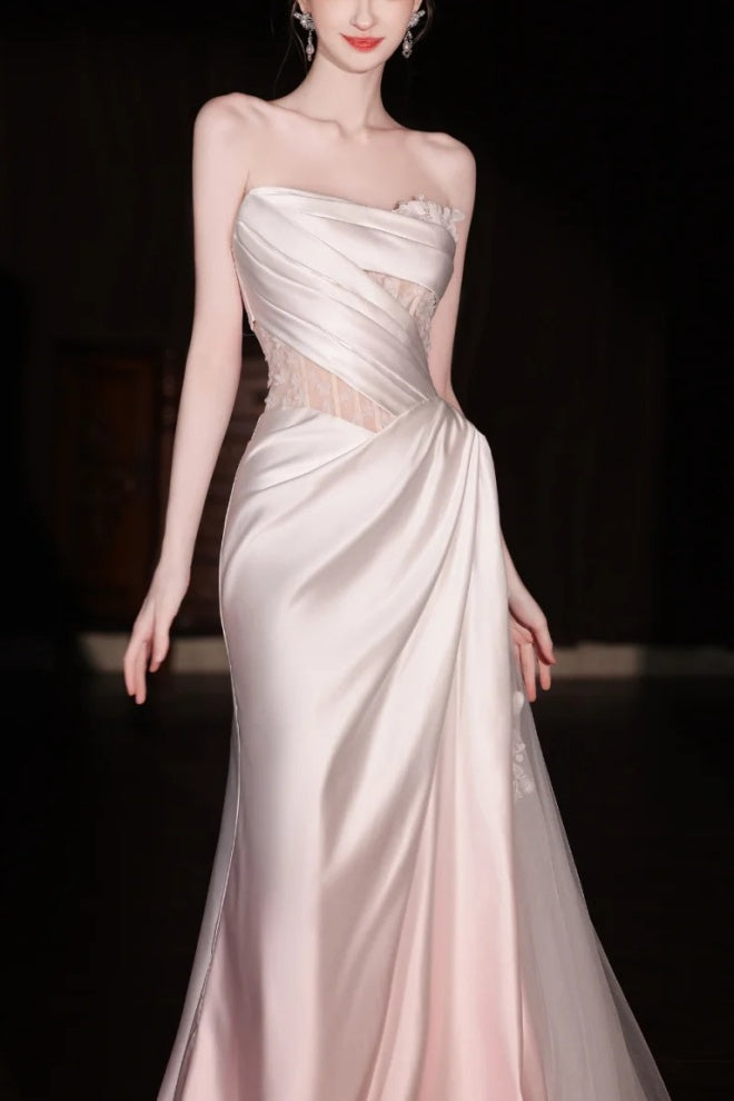 Robe de mariée longue en tulle et dentelle satinée rose dégradé gh6847