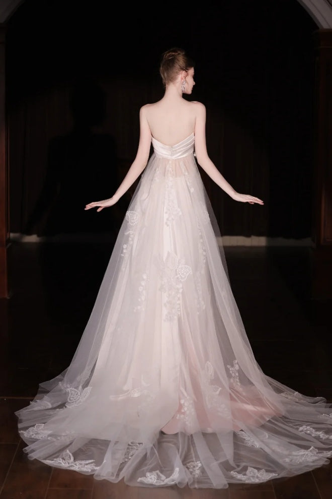 Robe de mariée longue en tulle et dentelle satinée rose dégradé gh6847