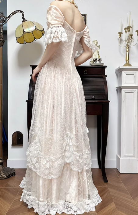 Light Apricot Vintage Off‑Shoulder Lace Ball Gown, Evening Prom Dress With Bows gh8741