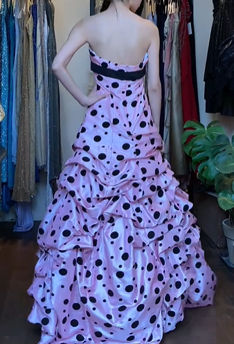 Pink Black Polka Dot Vintage Prom Dress Strapless Sweetheart Waist Bow Layered Ruffle Satin Ball Gown gh9632