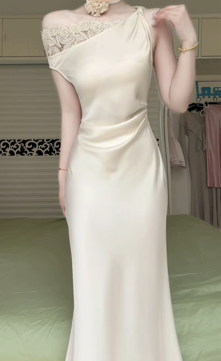 Off‑White Satin Asymmetrical One‑Shoulder Mermaid Evening Gown, Lace Trim With Floral Lace Shawl Formal Prom Dress gh9003