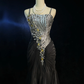 Square Neck Black Silver Mermaid Prom Dress Spaghetti Straps Rhinestone Beaded 3D Floral Formal Gown with Train gh9545