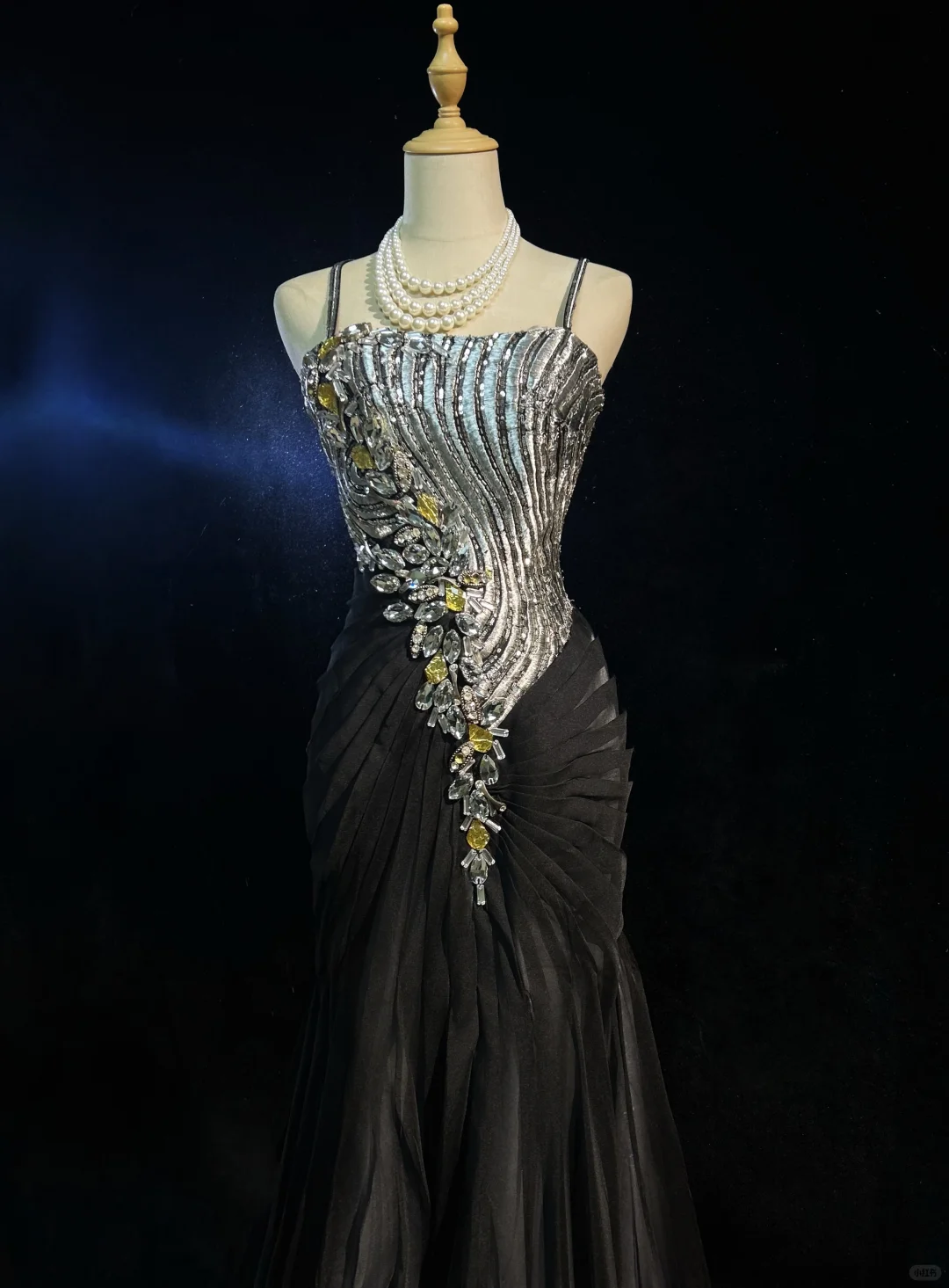 Square Neck Black Silver Mermaid Prom Dress Spaghetti Straps Rhinestone Beaded 3D Floral Formal Gown with Train gh9545