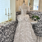 Ivory Square Neck Waist-Cinched Printed Voluminous Skirt Romantic Dress, Wedding Gown gh7663