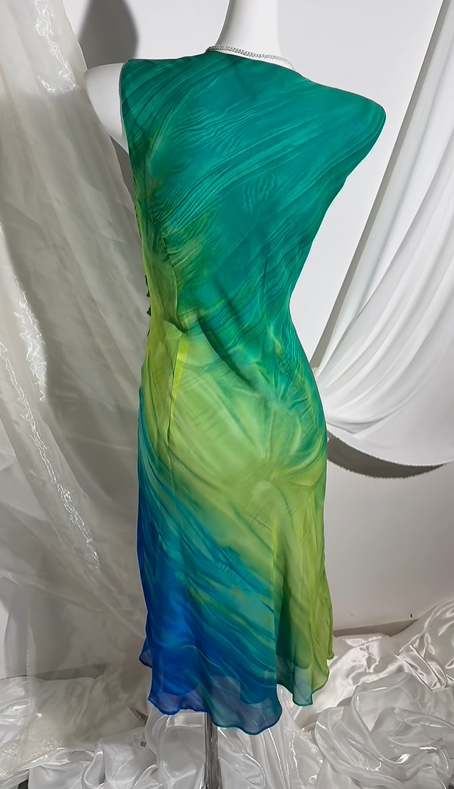 Vintage Oil Painting Print Prom Gown, Green V-Neck, Fitted Waist Slim Fit, Yellow to Blue Gradient, Evening Party Dress gh8563