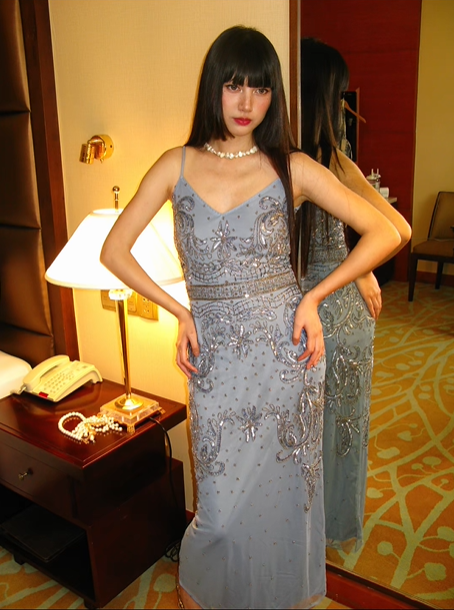 Light Blue Spaghetti Strap Beaded Vintage Pattern Fitted Waist Slim Long Elegant Prom Gown, Evening Party Dress gh8363