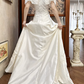 Ivory Vintage Satin A‑Line Wedding Prom Dress, Off‑the‑Shoulder Wide Lace Cape Collar, Pearl Bow, Floral Lace Appliqués Long Train gh8705