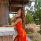 Orange Fashion Elegant Spaghetti Strap Long Ruffle Chiffon Ball Gown Evening Dress Party Dress Wedding Guest Dress gh3318