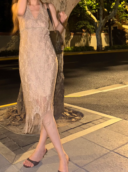 Light Champagne Vintage Floral Halter Fitted Waist Elegant Prom & Evening Party Dress gh8412