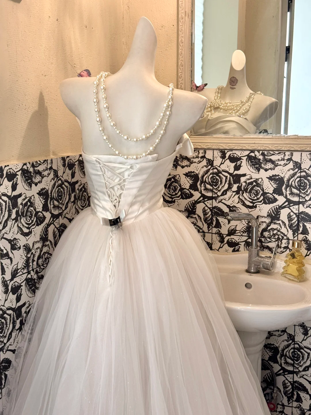 White Satin Strapless Waist-Cinched Full Flared Long Romantic Dress, Wedding Gown gh7495