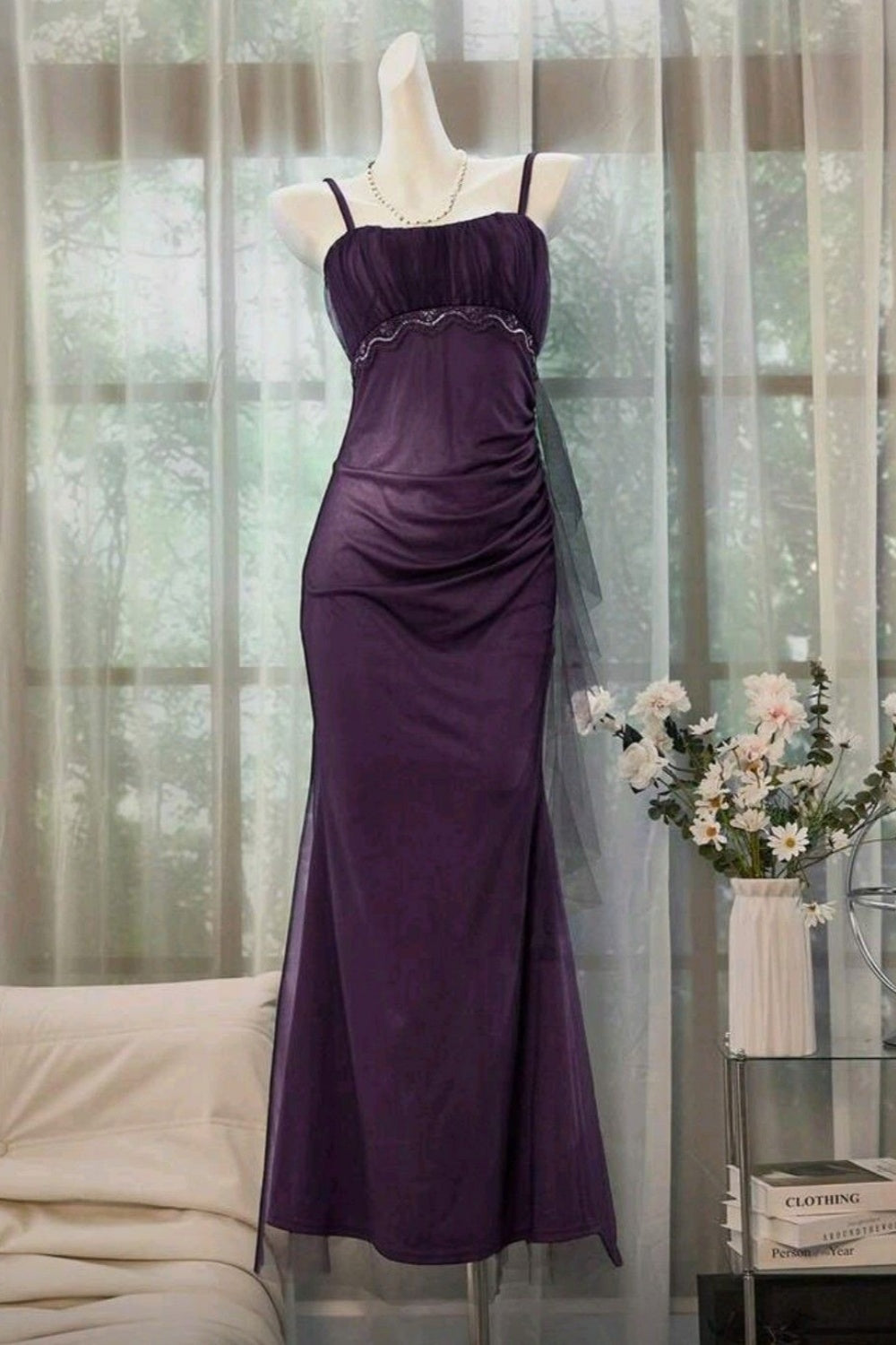 Deep Purple Tulle Camisole Mermaid Dress: Lace Trim, Ruched Fitted, Date Evening Gentle Maxi Dress gh6606