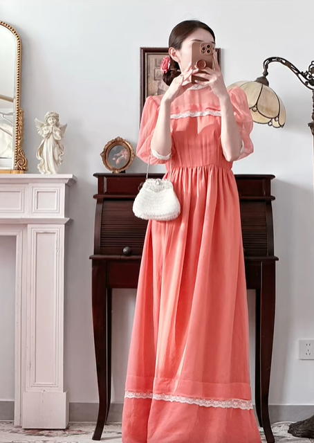 Peach‑Pink Vintage Edwardian Maxi Evening Gown, Sheer High Neck, Puff Mid‑Length Sleeves, White Lace Trim Accents, Elastic Waistband, Flowy Chiffon Full Skirt, Retro Garden Party Formal Dress gh8841