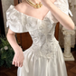 White Satin Vintage Embroidered Fitted Waist Figure‑Flattering Full Flared Skirt Prom Gown, Wedding Dress gh8606
