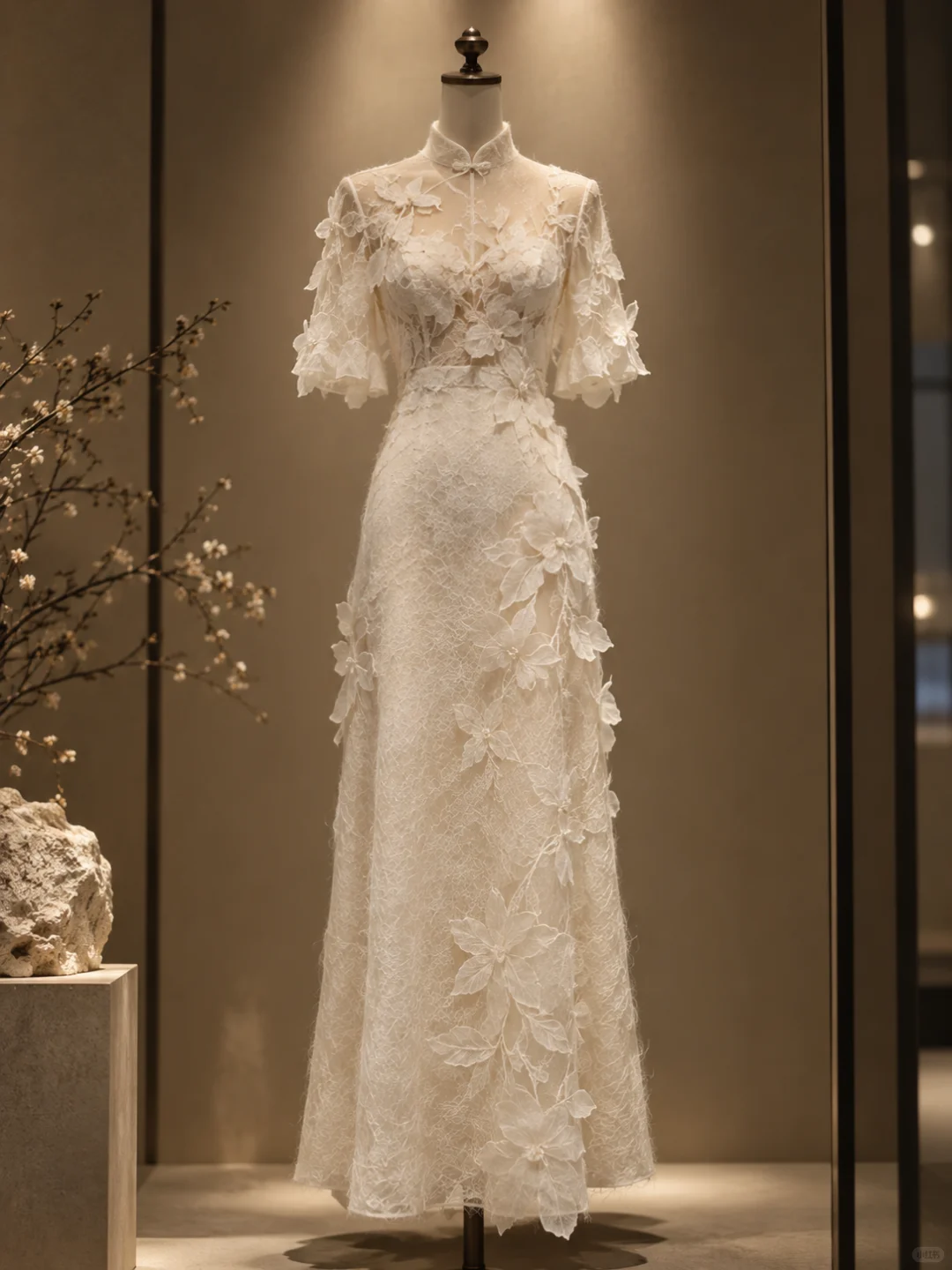 ✨Girlhomeshops-Ivory Lace Qipao Bridal Gown High Collar Flutter Sleeve with 3D Floral Appliqués gh10317