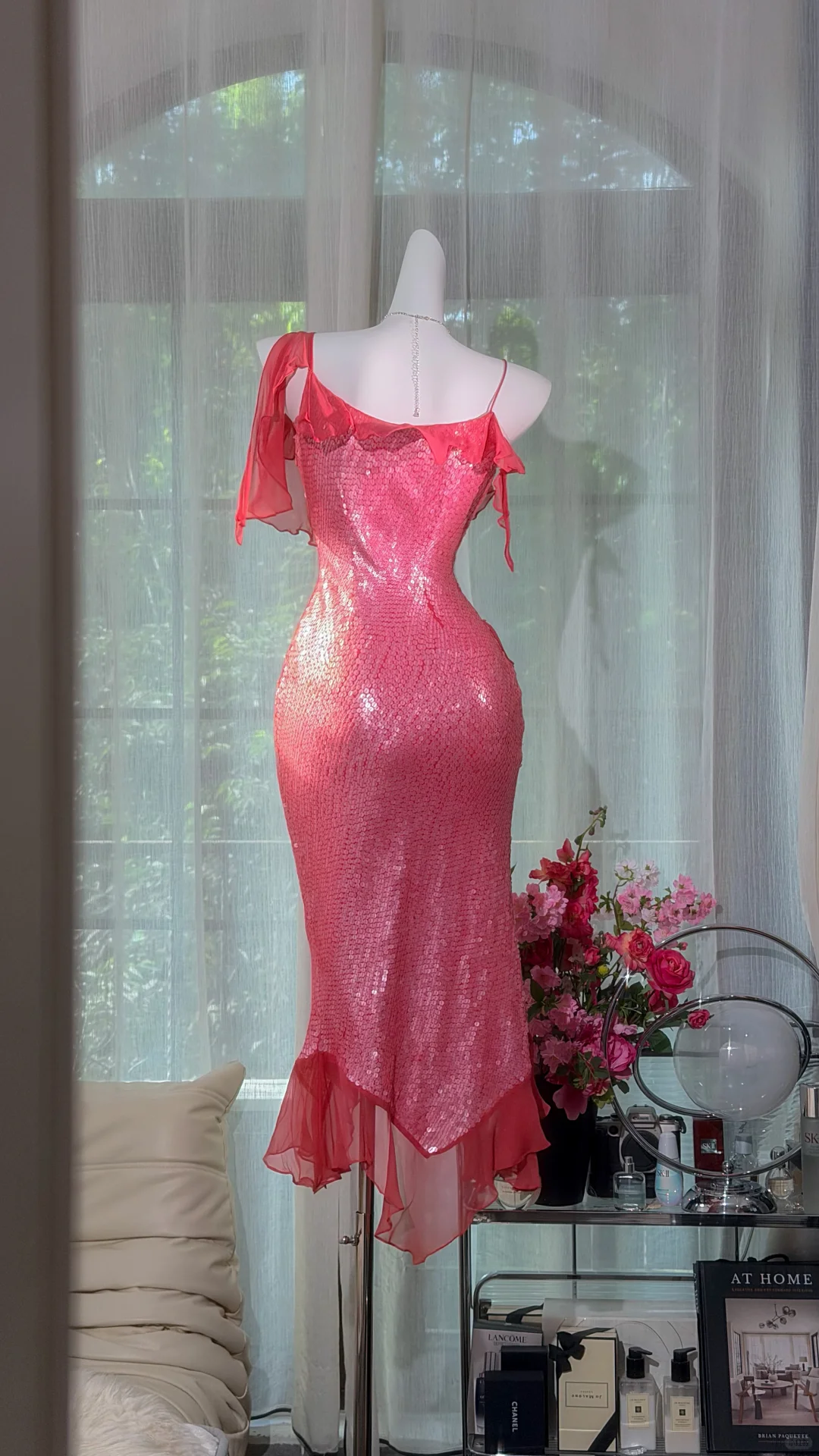 Hot Pink Sequin Spaghetti Strap Mermaid Prom Dress, Irregular Ruffle Slit Evening Gown with Floral Appliques gh9500
