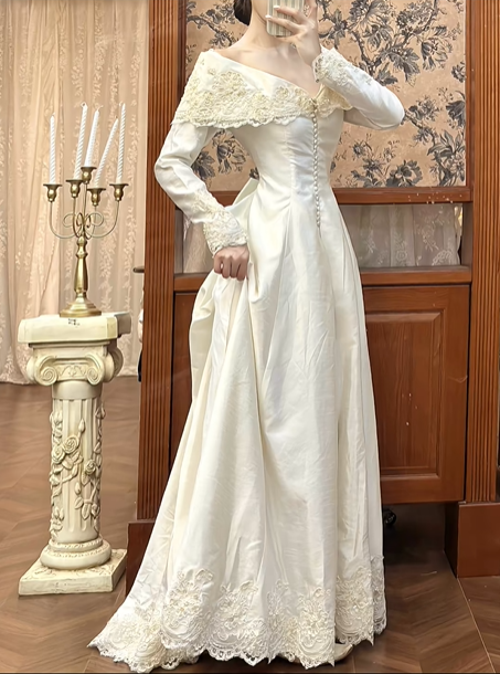 Ivory Vintage Satin Off‑Shoulder Wedding Gown, Pearl Button Lace Bridal Prom Dress gh8722