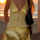 Bright Yellow Spaghetti Strap Gown - V-Neck Beaded Slit Vacation/Date/Light Evening Maxi Dress gh6994