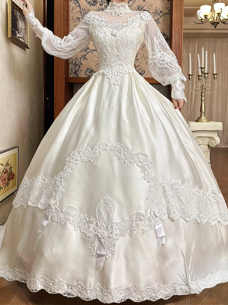 Off‑White Vintage Victorian Illusion High‑Neck Lace Puff Long Sleeve Fitted Waist Satin Long Prom Gown, Wedding Dress gh8614