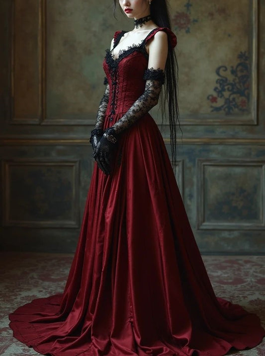 girlhomeshops-Burgundy Corset Floor-Length Train Retro Elegant Prom Dress Evening Dress gh5943