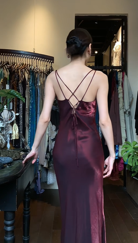 Burgundy Double Strap V Neck Long Formal Gown Satin Column Evening Dress gh9654