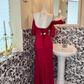 Burgundy Spaghetti Strap Off-the-Shoulder Waist-Cinched Fitted Elegant Romantic Dress, Wedding Gown gh7573