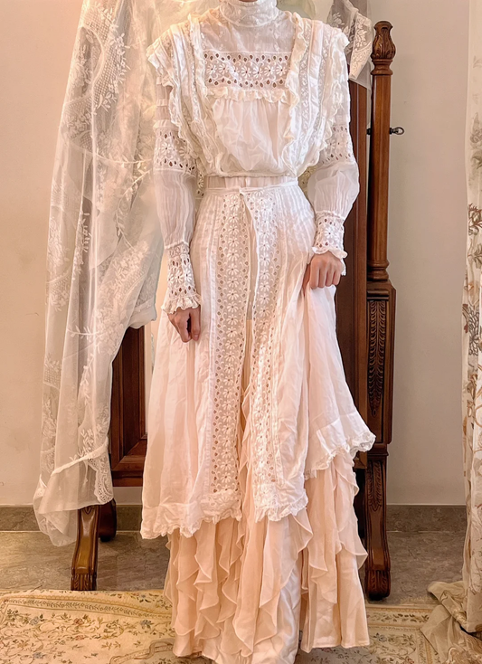 Ivory Edwardian Vintage Maxi Wedding Dress, High Neck Eyelet Lace Long Sleeve Bridal Gown gh9344