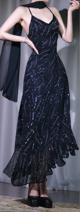 ✨Girlhomeshops-Black Wave Sequin Midi Gown Spaghetti Strap Backless Ruffle Mesh gh10129
