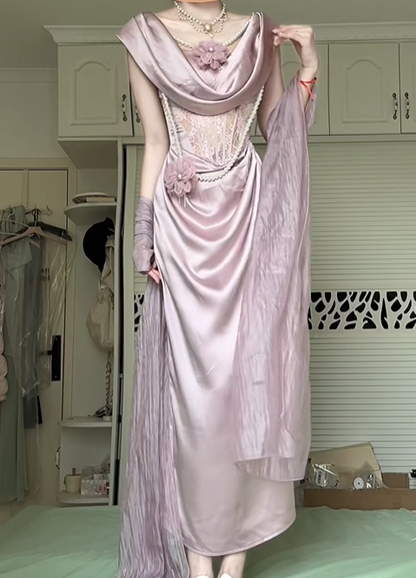 Dusty Lilac Cowl Neck Long Evening Gown, Lace Corset Pearl Trim Mermaid Formal Prom Dress gh9041