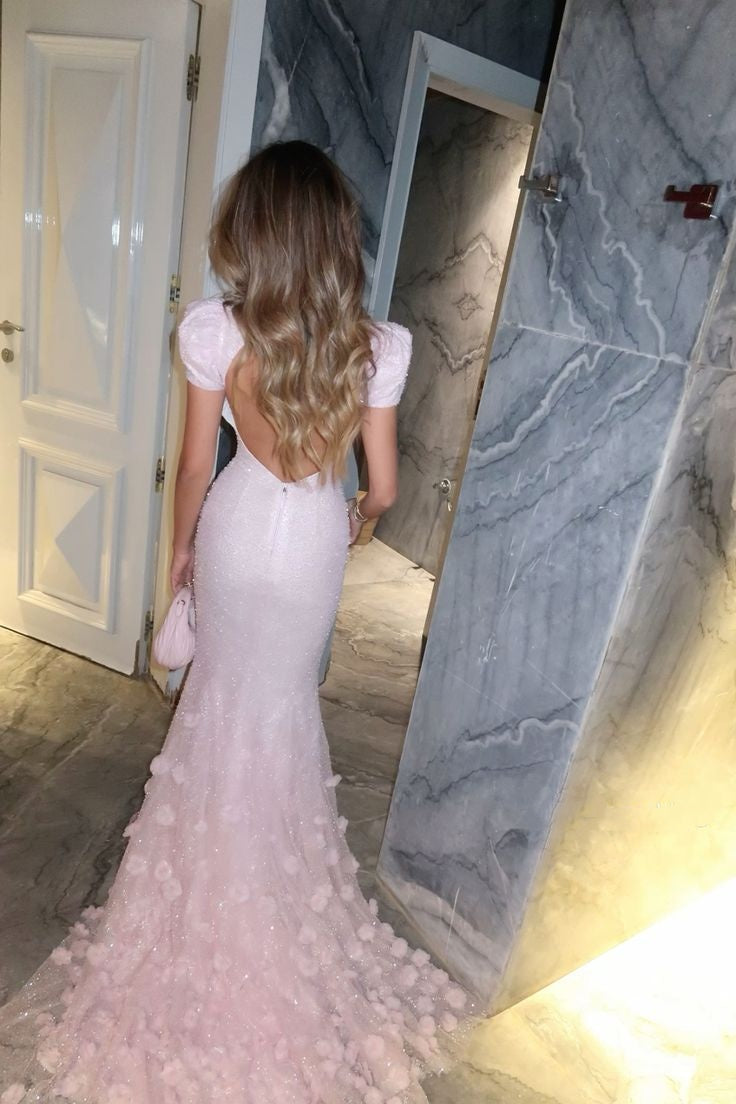girlhomeshops-Pink Shiny Exquisite Floral Floor-Length Trailing Retro Elegant Prom Dress Evening Dress gh5945