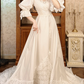 Off‑White Vintage Victorian High‑Neck Lace Illusion Puff Lantern 3/4 Sleeve Fitted Waist Multi‑Tier Lace Hem Long Prom Gown, Wedding Dress gh8611
