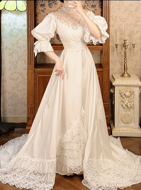 Off‑White Vintage Victorian High‑Neck Lace Illusion Puff Lantern 3/4 Sleeve Fitted Waist Multi‑Tier Lace Hem Long Prom Gown, Wedding Dress gh8611
