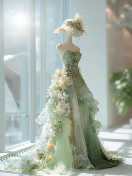 ✨Girlhomeshops-Strapless Ombre Green Tulle Evening Gown, 3D Flower Decor, Long Train, Fairy Prom Dress gh10493