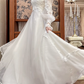 Ivory Vintage Wedding Gown, Square Neck Lace Trimmed Neckline, Lace Appliqué Empire Waist, Sheer Puff Long Sleeves, Flowy Chiffon Long Skirt With Train, Lace Ruffled Hem, Bridal Prom Dress gh8726