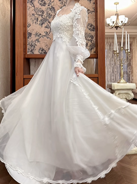Ivory Vintage Wedding Gown, Square Neck Lace Trimmed Neckline, Lace Appliqué Empire Waist, Sheer Puff Long Sleeves, Flowy Chiffon Long Skirt With Train, Lace Ruffled Hem, Bridal Prom Dress gh8726