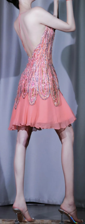 ✨Girlhomeshops-Pink Short Sequin Beaded Spaghetti Strap Prom Dress gh9999