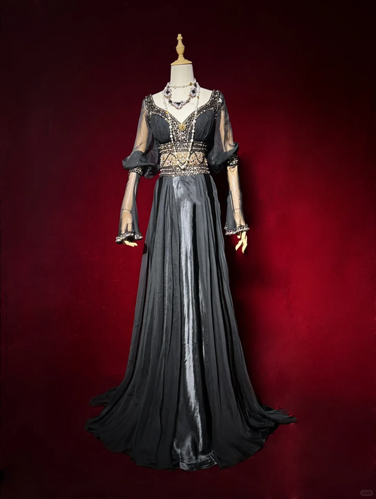 V Neck Black Chiffon Prom Dress Sheer Flare Long Sleeve Gold Rhinestone Beaded Floor Length Formal Gown gh9558