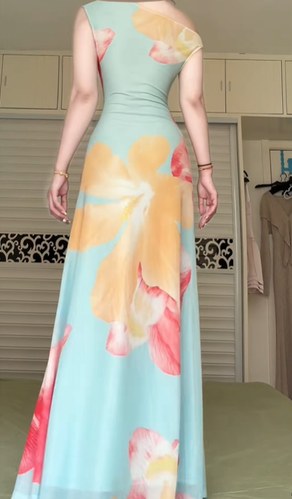 Mint‑Green Large Floral Print One‑Shoulder Long Evening Gown, Lace Trim Waist Sash Flowy A‑Line Formal Prom Dress gh9000