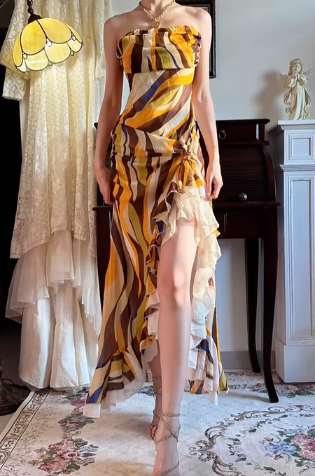 Vintage‑Abstract‑Oil‑Print‑Gown Strapless‑Bandeau Side‑Drawstring‑Ruched High‑Slit‑Ruffled‑Asymmetrical‑Hem Swirl‑Print‑Chiffon‑Fabric Boho‑Maxi‑Evening‑Party‑Dress gh8837