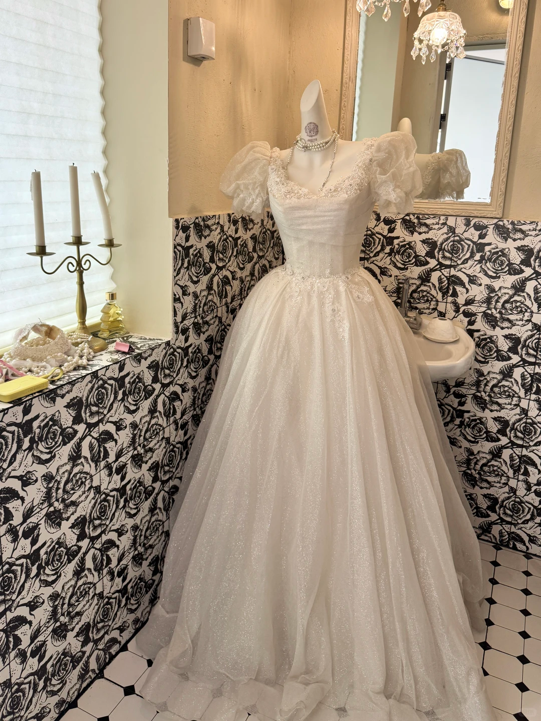 Ivory Puff Sleeve Square Neck Waist-Cinched Full Flared Skirt Elegant Classic Romantic Dress, Wedding Gown gh7746