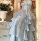 Robe de soirée princesse bleue élégante, coupe trapèze, manches courtes, longue, en tulle, robe de bal, gh4197
