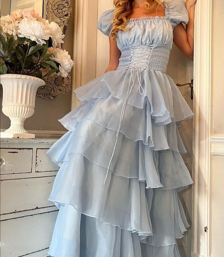 Robe de soirée princesse bleue élégante, coupe trapèze, manches courtes, longue, en tulle, robe de bal, gh4197