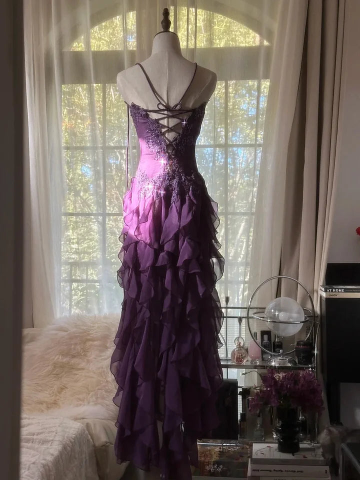 Robe de soirée longue et élégante en mousseline de soie, à volants, violette, romantique, sans manches, pour fête d'anniversaire, gh4270