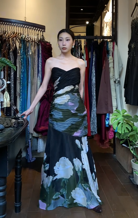 Black Strapless Sweetheart Long Formal Gown Watercolor Floral Print Mermaid Evening Dress gh9655