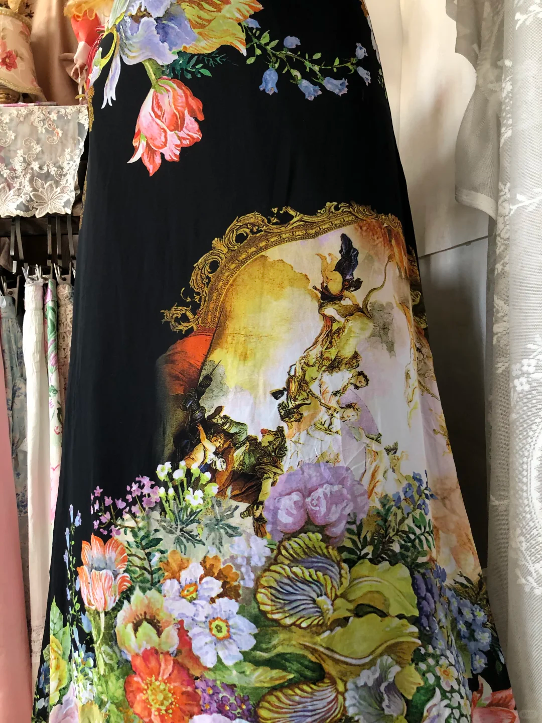 Luxury Black Base Vintage Print Halter Fitted Waist Long Prom & Evening Party Dress gh8472