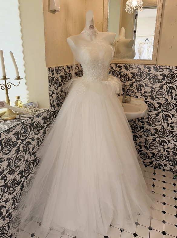 White Strapless Cinched Waist Voluminous Skirt Minimalist Elegant Romantic Dress, Wedding Gown gh7819