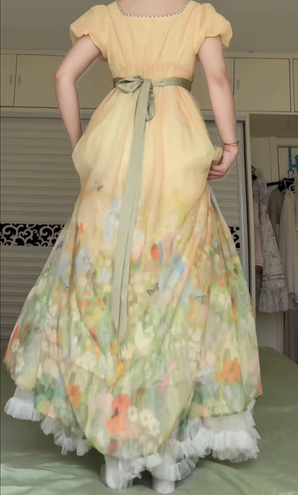 Pale Yellow Square Neck Puff Short Sleeve Ball Gown, Watercolor Floral Print Tulle Long Formal Prom Dress gh9013