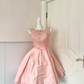 Pink Sleeveless Lace‑Bodice Satin‑Bow‑Sash Lace‑Trim‑Hem A‑Line Short Homecoming Party Dress gh9252