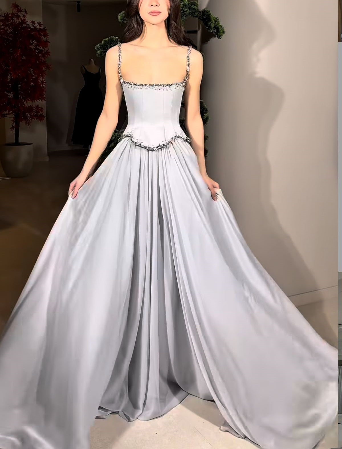 girlhomeshops-Grau elegante exquisite Perlen Retro elegante lange Ballkleid Brautjungfer Kleid gh5759