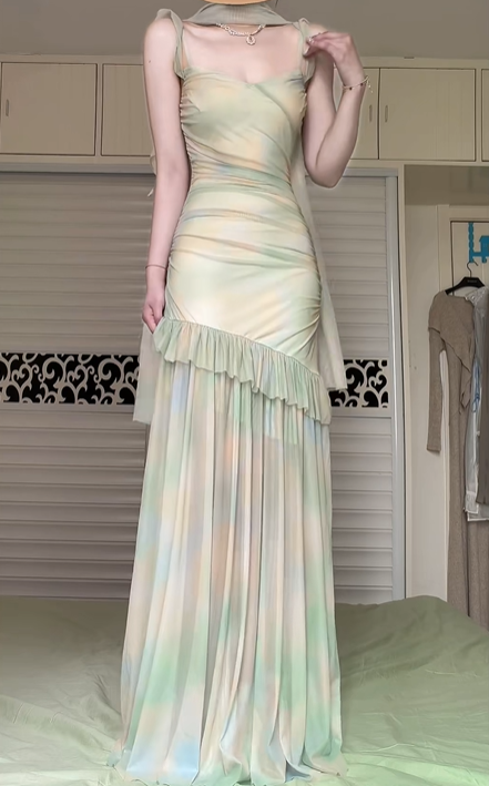 Pastel Tie‑Dye Spaghetti Strap Long Evening Gown, Asymmetrical Ruffle Chiffon Formal Prom Dress gh9029