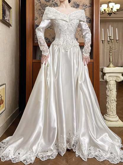 White Vintage Satin Wedding Gown, Off‑the‑Shoulder Fold‑Over V‑Neck, Long Satin Sleeves With Lace Cuffs, Exquisite Lace Appliqué Waist, A‑Line Satin Long Train With Scalloped Lace Hem, Prom Dress gh8652